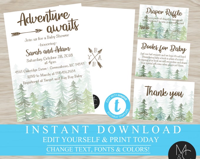 Woodland Adventure Forest Baby Shower Invitation, Trees  Arrow Baby Shower Diaper Raffle, Editable, Template, Instant, Book Request  #T7