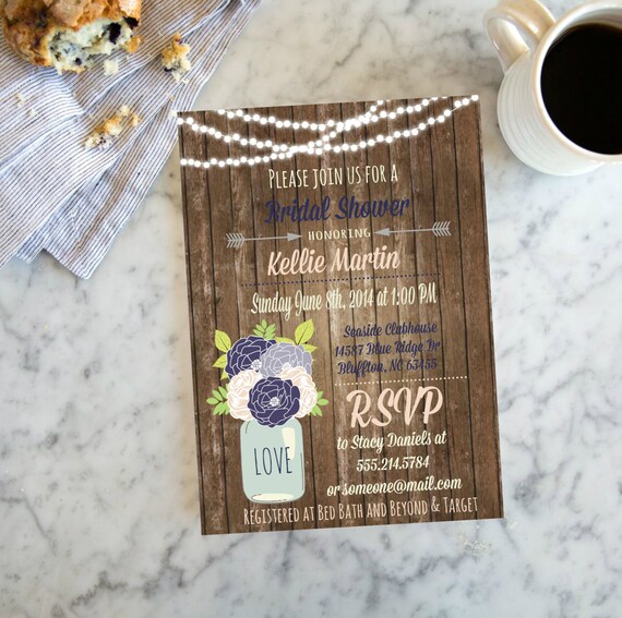 Wood Blush Pink Navy Blue Floral Bridal Shower, Invitation flowers, Old Rustic Mason Jar Wood Digital File, Il_570xn