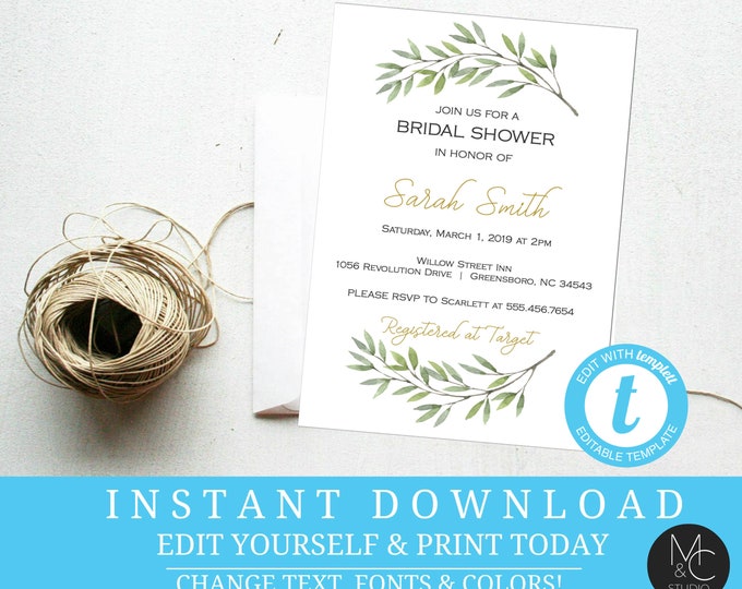 Bridal shower Eucalyptus Leaves Branch Watercolor Greenery Woodsy Wedding Minimalist  Editable, Template, Instant Download #T5