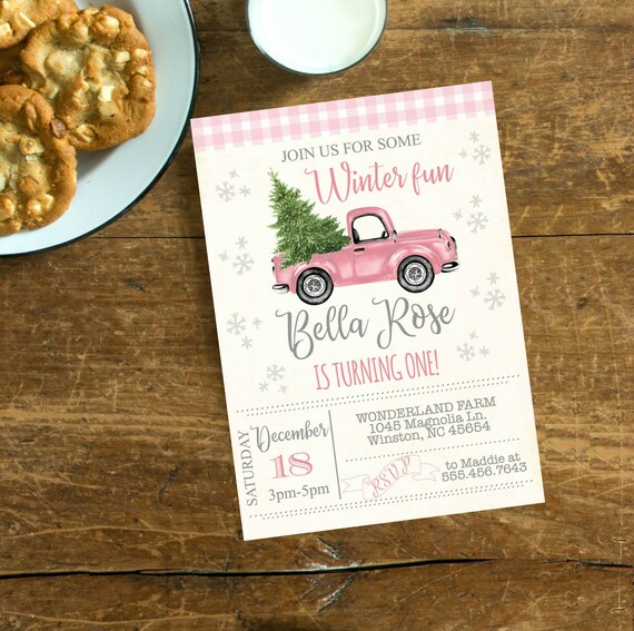 Pink Gingham Vintage Truck Christmas Birthday Party, Winter Birthday Party Snowflake Girls First Birthday #2055 Il_570xn