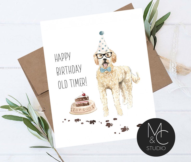 Dog Lover Dad Brother Golden Doodle Dog BIRTHDAY Card with Kraft Envelope Happy Birthday Old Timer Friend Simple Card