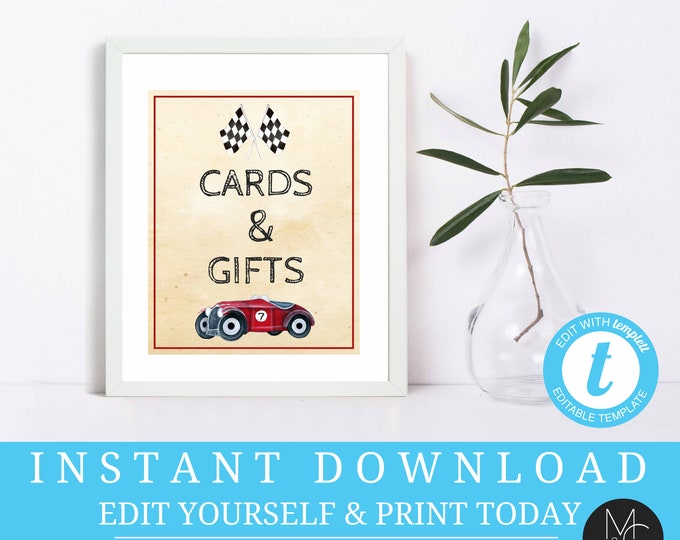 Party Sign Editable Race Card Vintage Red Black Flags Any Age Boys Birthday welcome Party, Printable, Instant Download, Templett  #2086