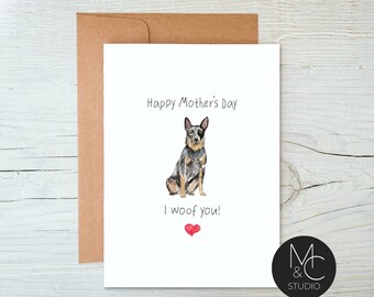 Australian Cattledog Dog Card with Kraft Envelope,Mothers Day, Blank Note Card, Dog Lover, Card from Dog, I woof you, Mom, Simple Card