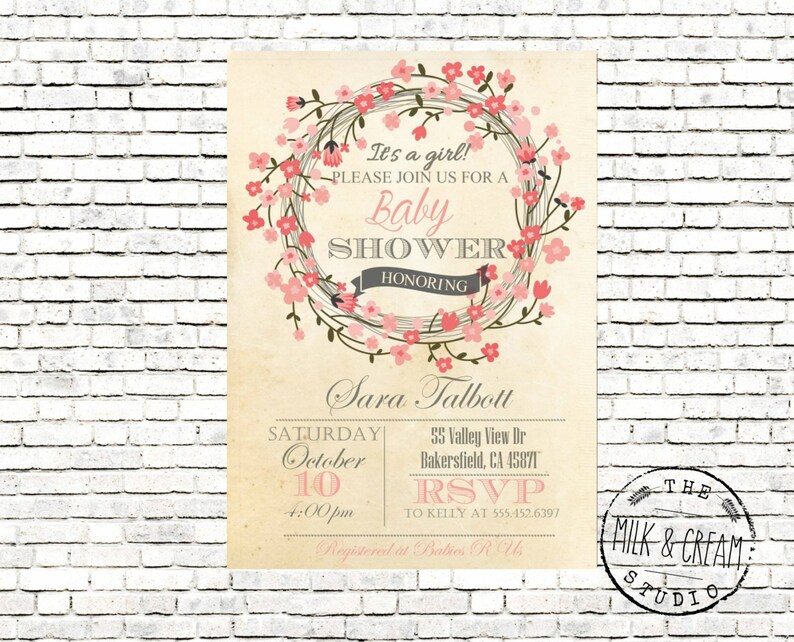 Vintage Girl Baby Shower Invite Invitation With Pink Wreath Etsy