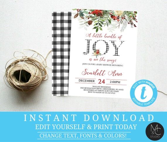 Baby Shower Winter Invite, Bundle of Joy Baby Shower Invitation, Christmas Greenery Baby Shower Invitation, baby shower, templett Il_570xn