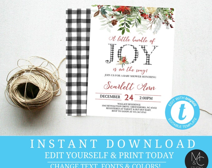 Baby Shower Winter Invite, Bundle of Joy Baby Shower Invitation, Christmas Greenery Baby Shower Invitation, baby shower, templett