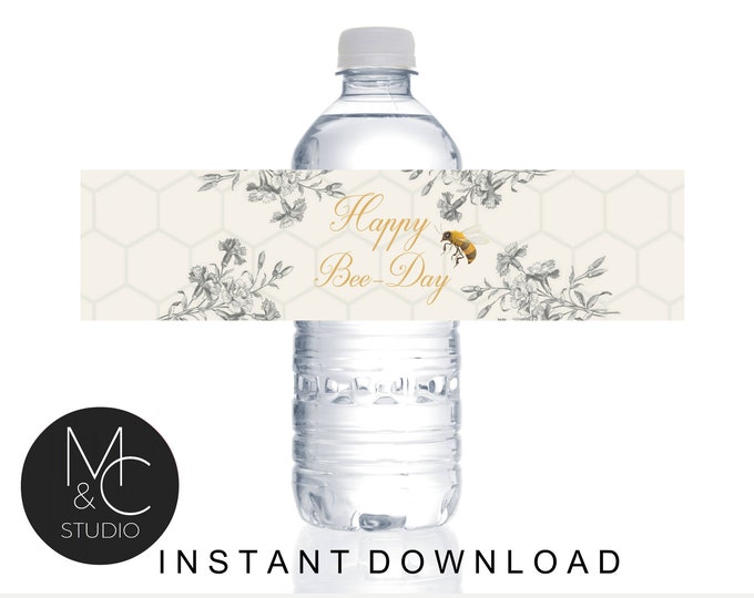 Honey Bee First Birthday, Water Bottle Labels Vintage Wildflower Bee Birthday Party,  Drink Labels, Vintage Honey Bee Theme Instant Download