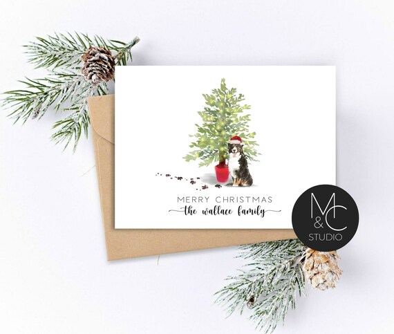 Bernese Mountain, personalized Pet Christmas Greeting Card, Watercolor, Folded Note Card, Dog Lover, Holiday Greeting Card, Family Name Card Il_570xn
