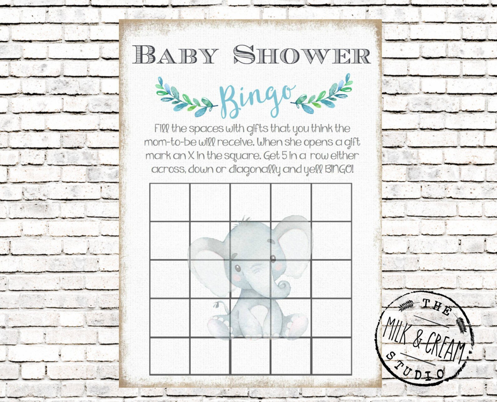 Elephant Baby Shower Bingo Card Instant Download Printable - Etsy