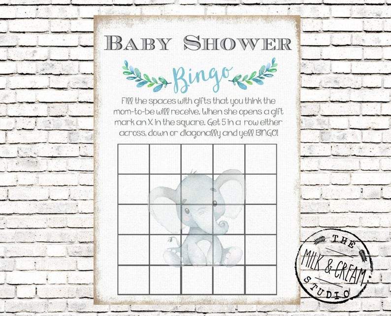 Elephant Baby Shower Bingo Card Instant Download Printable - Etsy