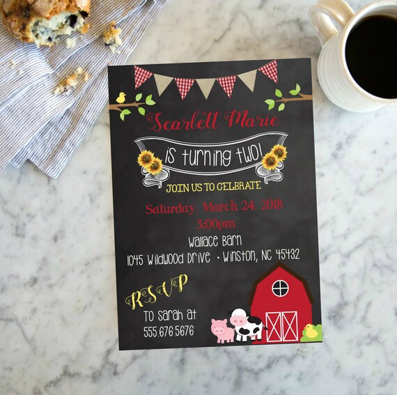 Farm Barnyard Farm, Chalkboard Invitation, Farm Invite, Sunflower Gingham Burlap Red Barn Animal Girl Printable or Printed #2068 Il_570xn
