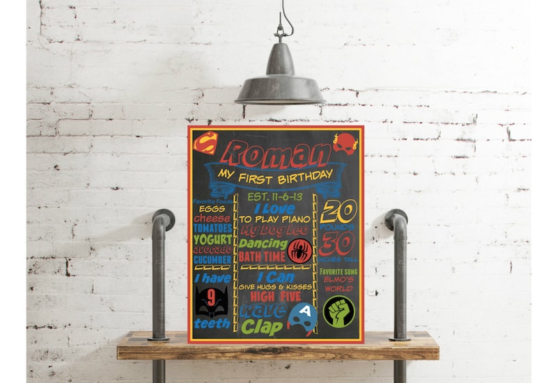 Super Hero Vintage First Birthday Chalkboard Poster- Batman Spiderman Boy Birthday Poster Printable Photo Prop Superman Poster Sign