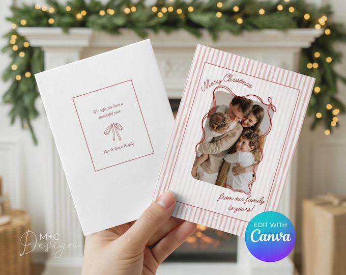 Christmas Card with Photo, Canva Template, Modern Green Gingham, Holiday Edit Yourself