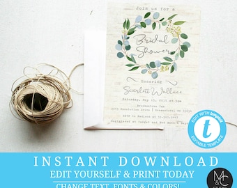 Bridal shower Eucalyptus Birch WreathWatercolor Greenery Woodsy Wedding Minimalist  Editable, Template, Instant Download #T4