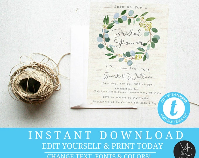 Bridal shower Eucalyptus Birch WreathWatercolor Greenery Woodsy Wedding Minimalist  Editable, Template, Instant Download #T4