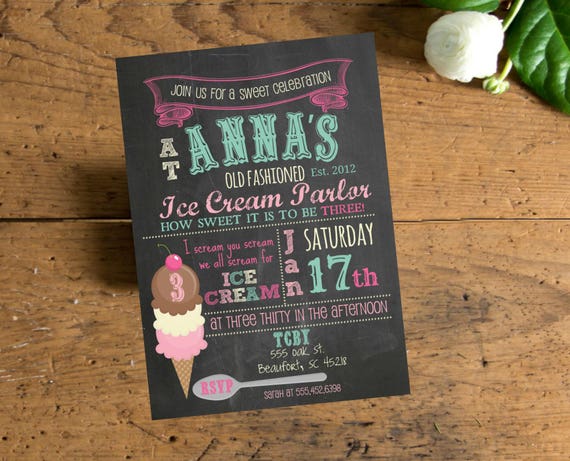 Chalkboard Ice Cream Party, Girls Birthday Party Personalized Invite, Retro Ice Cream Birthday, Birthday Card Customizable Il_570xn