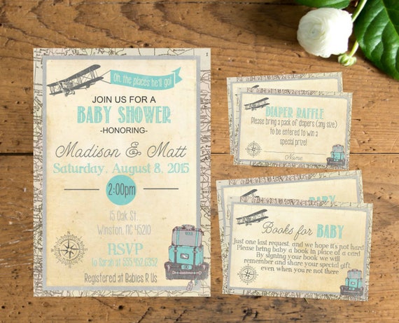 Aqua, Gray Vintage Travel Baby Shower Invite Set, Suitcase Airplane, Oh the places he'll go, Digital File Diaper Raffle Book Request Card Il_570xn