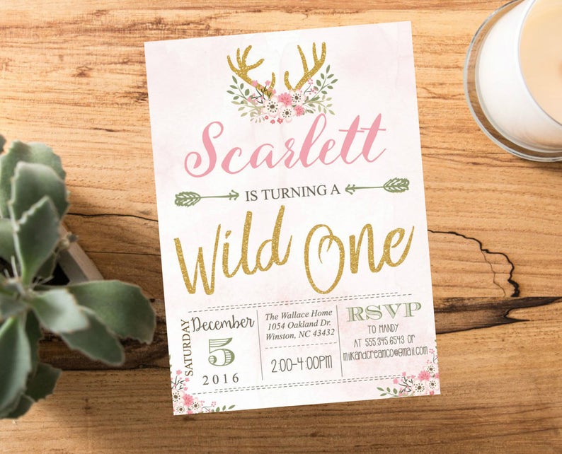 Pink Wild one Deer Antler Flowers First Birthday Party invite Gold Rustic Wood #2002 Arrow Hipster Adventure Girls Printable Printed