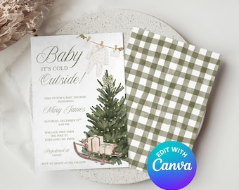Editable Canva Christmas Winter Baby Shower Invitation – Baby it's cold outside,  Invite Template,