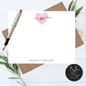 Heart Personalized Note Card Set, Stationary Cards, Monogram Valentines Day Gift, Script Font, Teacher, Bridesmaid, Mom, Friend Coworker