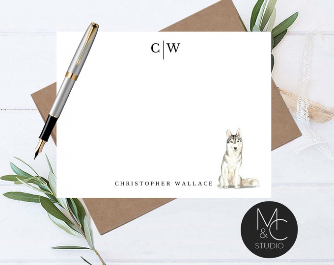 Siberian Husky Dog Personalized Note Cards, Stationery, Gift, Flat Note Cards, Christmas Gift, Boss, Friend, Coworker