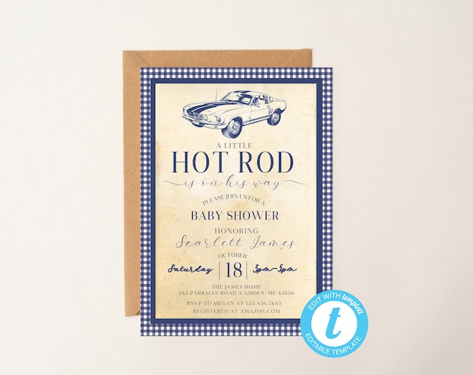 Editable, Little Hot Rod Vintage Baby Shower Invite, Invitation with Classic Mustang Car, Gingham Blue Ford, Digital File Printable