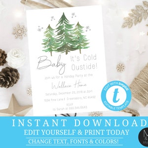 Baby its cold outside Christmas tree party invite holiday party watercolor pine tree Editable, Template, Instant Download HolidayT3 image 1