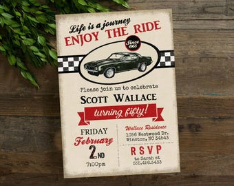 Life is a journey enjoy the ride, Vintage Camaro Birthday Printable Vintage Invitation,  Red Black Mens Auto 50th Birthday Invite #2066