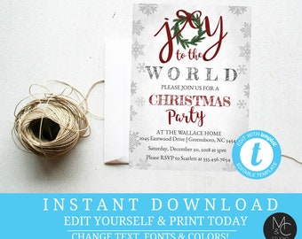 Snowflake Winter Christmas Party Invitation Invite Joy to the world wreath holiday rustic Editable, Template, Instant Download Holiday#T15