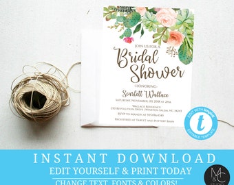 Bridal shower Boho Succulent Cactus Pink Floral Watercolor Pink Green Spring Wedding Minimalist  Editable, Template, Instant Download #T3
