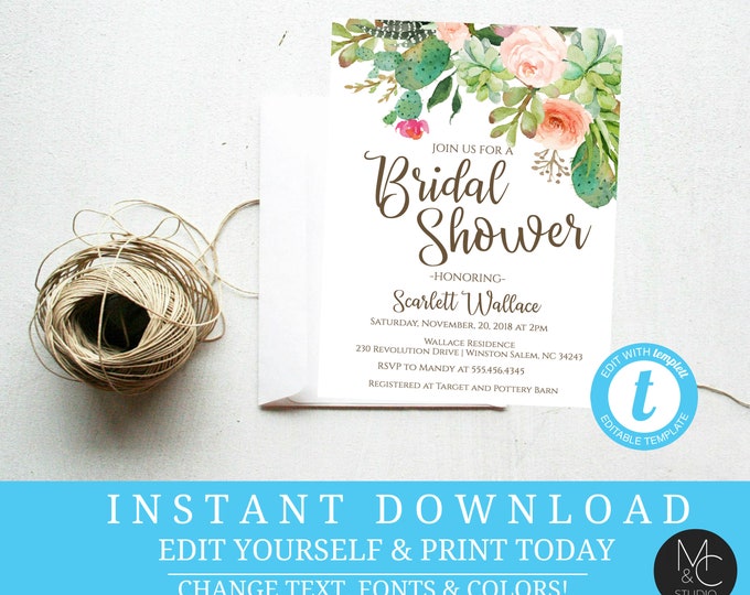 Bridal shower Boho Succulent Cactus Pink Floral Watercolor Pink Green Spring Wedding Minimalist  Editable, Template, Instant Download #T3