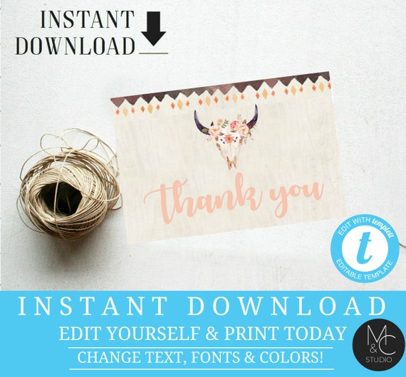 Birthday Thank you card 4x6 Boho Chic Skull Flower any age girls party Editable, Template, Instant Download #2089 Il_570xn