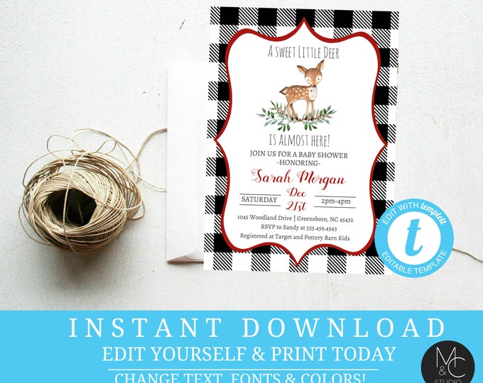 Woodland deer Winter Christmas Baby Shower Invitation, little deer is Buffalo Plaid Editable, Template, Instant Download Baby Shower #T11