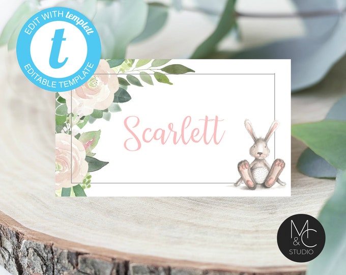 Bunny Place Card DIY, Editable Place Card, Food Tent Card Folded, Baby Shower Bunny Flower Spring Easter Templett, Instant Download #T22