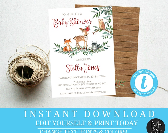 Woodland Animal Winter Christmas Baby Shower Invitation, Deer Owl Fox Greenery Editable, Template, Instant Download Baby Shower #T10
