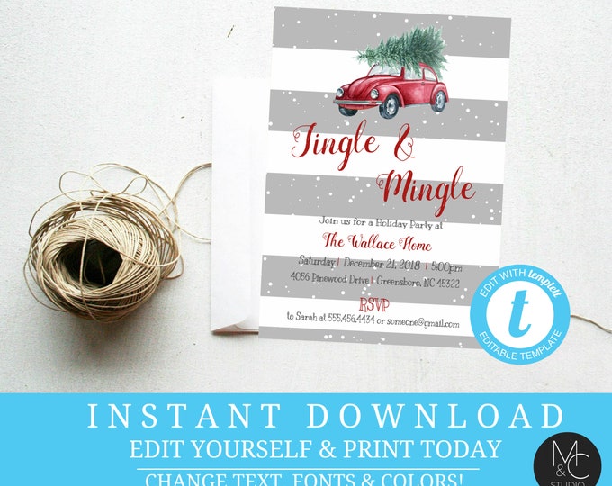 Holiday Party DIY Jingle Mingle Red Volkswagen Beetle bug Christmas tree buffalo plaid Editable, Template, Instant Download Holiday#T13