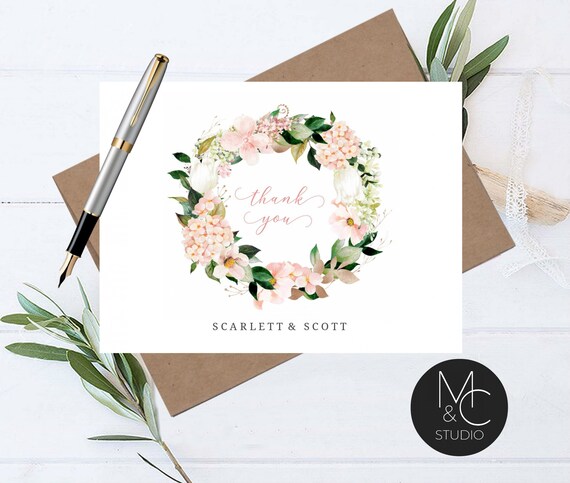 Personalized Wedding Engagement Thank You Note Card, Thank You With Couples Names, Script font, Wreath Floral Hydrangea Pink Spring Il_570xn