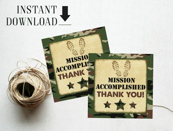 Army Military Favor Tags Gift Tags Mission Accomplished Instant Download Printable Party favor Square favor tags Boys Camo Boot Camp Party Il_570xn