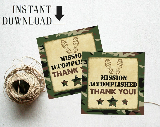 Army Military Favor Tags Gift Tags Mission Accomplished Instant Download Printable Party favor Square favor tags Boys Camo Boot Camp Party