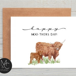 Happy MOO-THERS day card with Kraft Envelope, Cute Watercolor Cow Card Mom, Funny Mom Card, simple card,from son, daughter, MD12 image 1