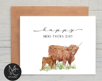 Happy MOO-THERS day card with Kraft Envelope, Cute Watercolor Cow Card Mom, Funny Mom Card, simple card,from son, daughter, #MD12