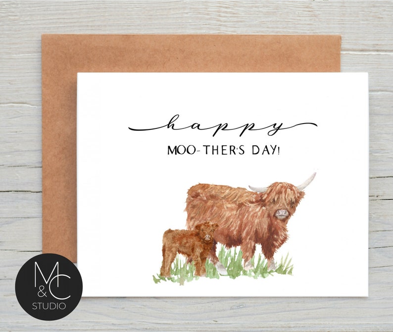 Happy MOO-THERS day card with Kraft Envelope, Cute Watercolor Cow Card Mom, Funny Mom Card, simple card,from son, daughter, MD12 image 1