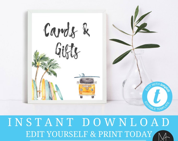 Cards and Gifts Sign Editable surfs up beach hawaii surfboard birthday summer pool party vw van wave Printable, Instant Download, Templett