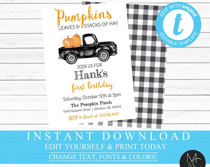 Pumpkin Black Truck Boys Birthday Invitation, Autumn, Pumpkin Patch, Fall Invitation, Editable, Template, Instant Download #2074