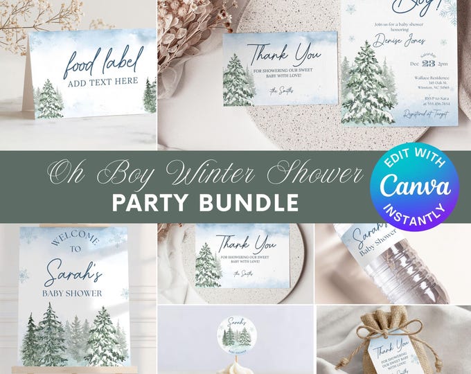 Oh Boy Shower Bundle | Winter Theme Invitation Set | Editable Canva Template