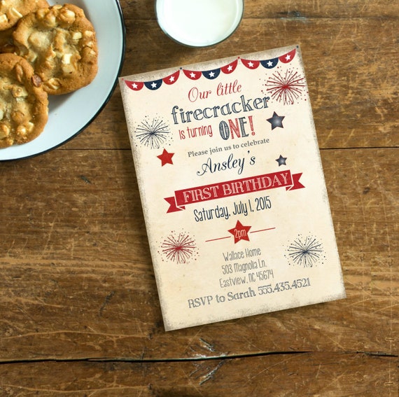 Fourth Of July Birthday Invite, Vintage Independence day Invite, Our little Firecracker, Personalized Year Birthday Invite Il_570xn