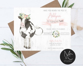 Girls Cow Birthday Invitation,  Shabby Chic, Have you heard the Moo's  Invite, First Birthday Digital Printable File, Holstein Cow