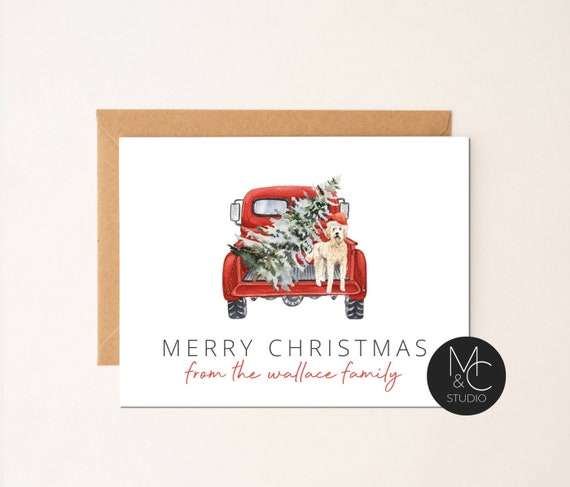 Goldendoodle Dog Card, personalized Pet Christmas Greeting Card, Watercolor, Folded Note Card, Dog Lover, Holiday, Family Name Il_570xn