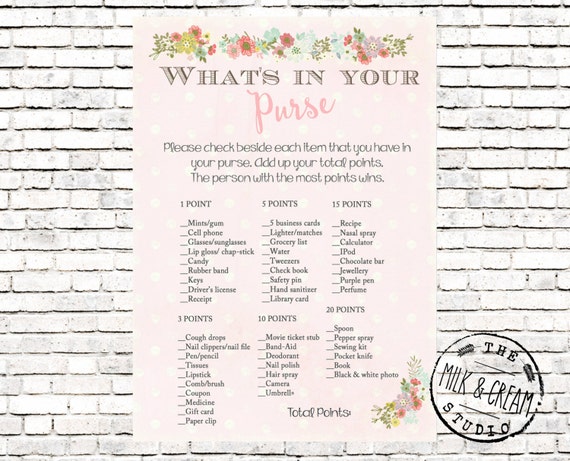 What's in your purse game Card( Instant Download) Printable Shower Games 5x7 Baby Girl Spring Rabbit Vintage Shower, Pink Polka Dot, #1025 Il_570xn
