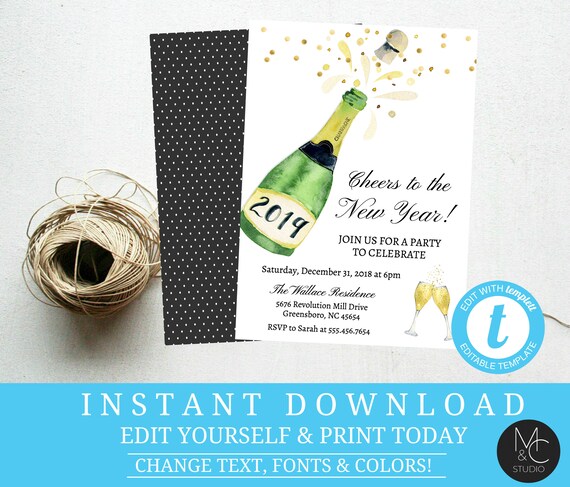 New Years eve Editable, Invitation Party Balloons Champagne Cheers to New Year Template, black gold Instant Download New Years #T2 Il_570xn